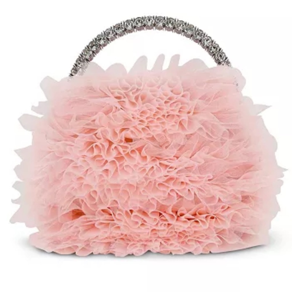 Jewel Badgley Mischka Jazzie Tulle Layered Ruffle Pouch Clutch Blush NWT